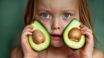 Child holding avocado halves near face. Close-up portrait on green background. Healthy lifestyle...