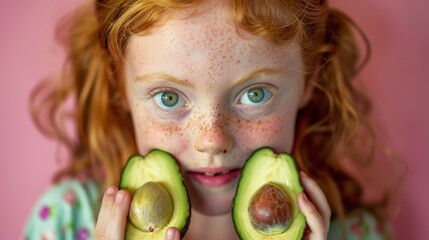 Fototapeta na wymiar Red-haired girl with freckles using avocado as phone. Studio portrait on pink background. Imagination and play concept. Design for children's book illustration