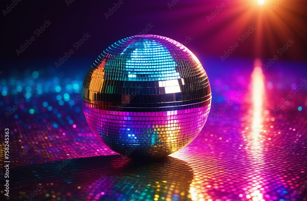 Poster a disco ball is sitting on a shiny surface with a colorful background