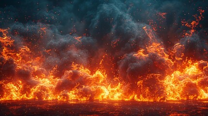  a large amount of orange and red fire on a black background with lots of smoke coming out of the top of it. - obrazy, fototapety, plakaty