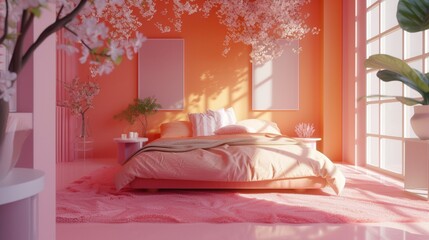 Generative AI image of modern bedroom illuminated with sunlight near cozy bed decorated with pink colored walls blanket pillows and carpet