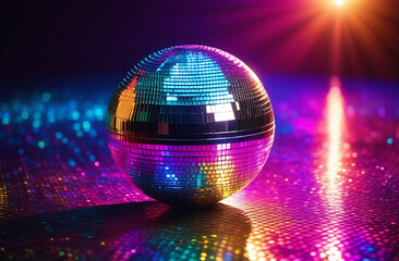 A disco ball is sitting on a shiny surface with a colorful background