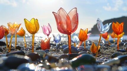Sunlit glass tulip sculptures on the shoreline, a symphony of color and light, embodying the potential of art to elevate a natural landscape - obrazy, fototapety, plakaty