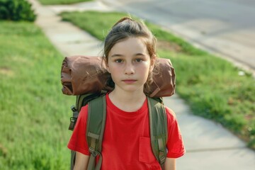 Child boy teenager with a tourist backpack. Trip, travel, school excursion. camp