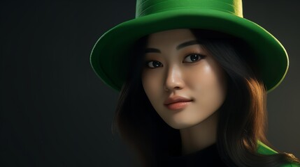 St. Patrick's Day: Young Asian Woman with Hat Drinking Beer

