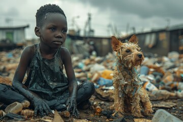 An African dirty boy is relaxing with his dog from the tedious work of collecting garbage against the background of a city dump - obrazy, fototapety, plakaty