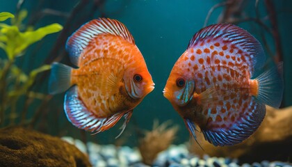 Fototapeta premium Couple of colorful discus fish gracefully swim in the water of an aquarium