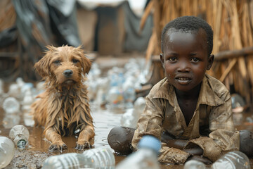 An African dirty boy is relaxing with his dog from the tedious work of collecting garbage against the background of a city dump - obrazy, fototapety, plakaty