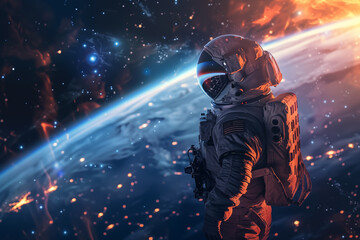 Astronaut witnessing a solar storm while floating in space parallel to earth - obrazy, fototapety, plakaty