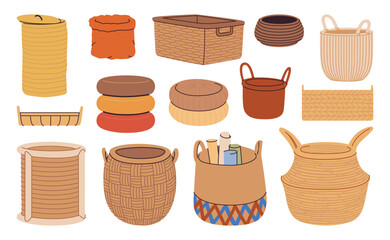 Wicker home decor hand drawn basket set. Interior baskets and decorative elements woven rattan, vine, bamboo, and straw. Vector flat illustration isolated on a white background.