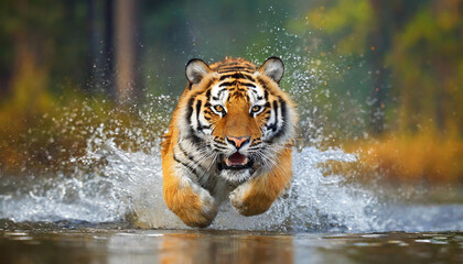 Siberian tiger, Panthera tigris altaica, low angle photo direct face view, running in the water directly at camera with water splashing around. Attacking predator in action. Tiger in taiga environment - obrazy, fototapety, plakaty