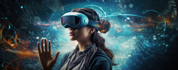 Woman wearing virtual reality googles - obrazy, fototapety, plakaty