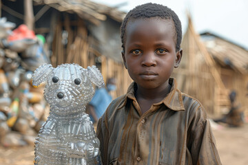 An African dirty boy with a dog made of plastic bottles on the background of a city dump - obrazy, fototapety, plakaty