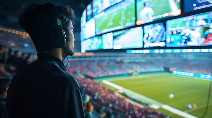 Man in Headphones Watching Baseball Game
