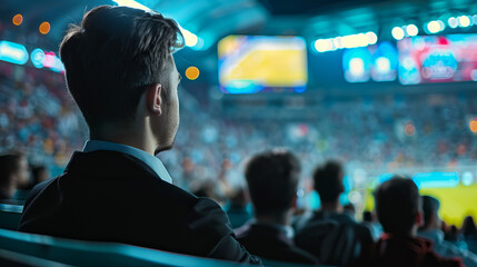 A sophisticated businessman enjoys a live sports event from the comfort of a VIP lounge, observing...