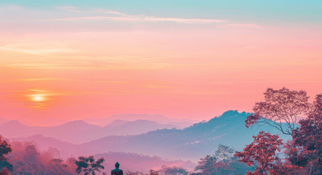 A banner depicting the sacred lake and mountains surrounding the temple, with space to add text inviting you to participate in ceremonies and meditations in honor of Vesak or Wesak day