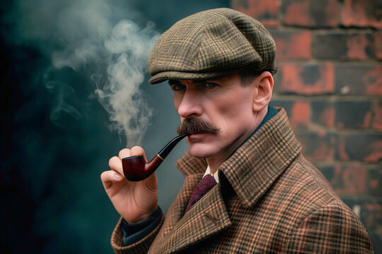 Private Detective With Smoke Pipe Is Wearing Sherlock Holmes Deerstalker Hat, Famous Investigator or Sleuth, Gentleman In Brown British Tartan