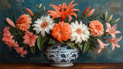  a painting of orange and white flowers in a blue and white vase on a wooden table in front of a blue wall.