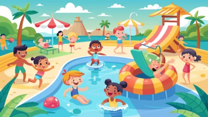 Fotobehang pool-party-kids--children-play-and-swim-in-water- vector illustration  © Radha