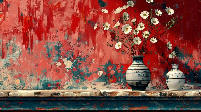  a painting of white flowers in a vase against a red wall with peeling paint on the outside of the vase.