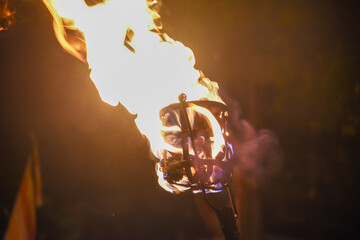 Flames of a coppara torch that lighting in Kandy Esala Perahera at Temple of the Tooth (Sri Dalada...