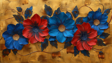  a painting of red, white, and blue flowers on a gold leafy background with a red and blue flower in the center.