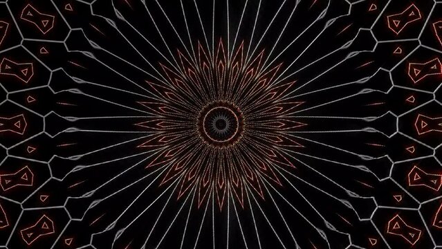Abstract 3D animation. Curved lines on a black background ,kaleidoscope of color blue lights, seamless circles	