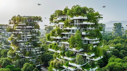 Futuristic city with smart buildings, transport, drones, autonomous driving, and green spaces