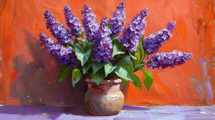  a painting of a vase with purple flowers in front of an orange wall and a painting of a vase with purple flowers in front of an orange wall.