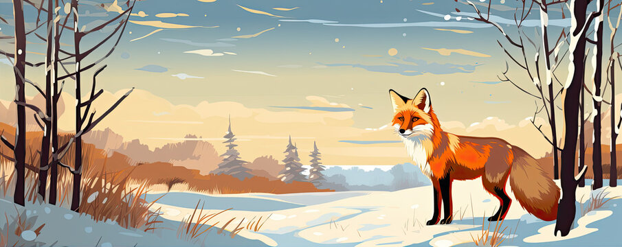 Painted red fox in winter landscape. Snowy land with red fox.