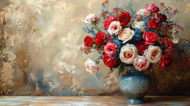  a painting of red, white and blue flowers in a blue vase on a table in front of a wall.