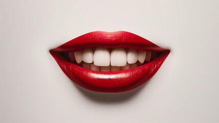 Beautiful wide smile of young women with big healthy white teeth and red lipstick