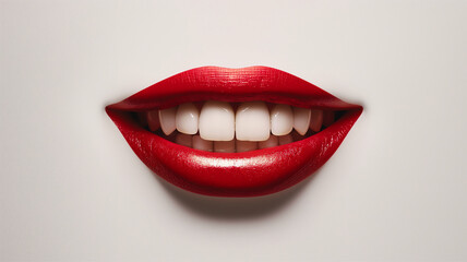 Obraz premium Beautiful wide smile of young women with big healthy white teeth and red lipstick