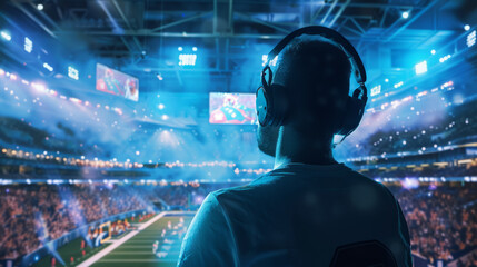 A spectator or commentator with headphones looking over a packed stadium during a major sporting event