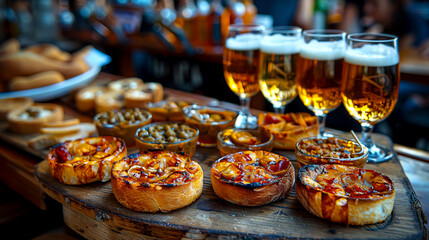 Capturing the Delicious Details: Finger Foods and Drinks Up Close in a Pub - obrazy, fototapety, plakaty