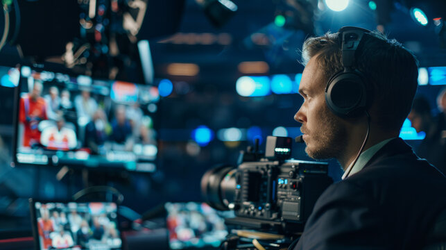 A professional cameraman captures a live broadcast event, focusing on a news discussion with a camera and broadcast monitors