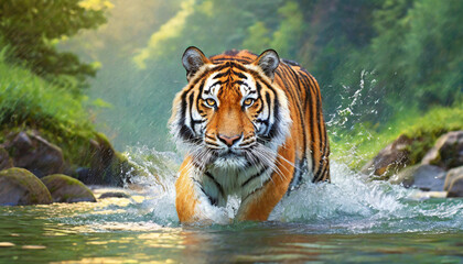 Amur tiger walking in river water. Danger animal, tajga, Russia. Animal in green forest stream. Grey stone, river droplet. Siberian tiger splash water. Tiger wildlife scene, wild cat, nature habitat