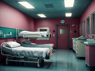 View of empty beds in an emergency room at a hospital design.
