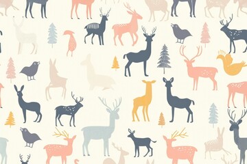 Abstract animal seamless pattern banner, wallpaper for kids, bright colors hare, dog, fox, deer, bear over yellow background. Wrapping paper for presents. Baby linen, clothes and products for children