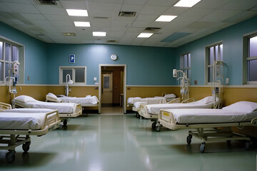 View of empty beds in an emergency room at a hospital design.