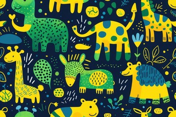 Abstract animal seamless pattern banner, wallpaper for kids, pastel colors hare, dog, fox, deer, bear over dark background. Wrapping paper for presents. Baby linen, clothes and products for children