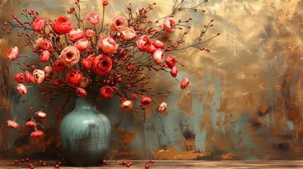  a vase filled with lots of red flowers on top of a table next to a painting of a gold background.