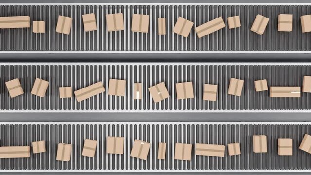 Multiple differently sized cardboard boxes rolling on three conveyor belts. Seamleesly loopable video. Top down view. Mail order or consumerism concept.