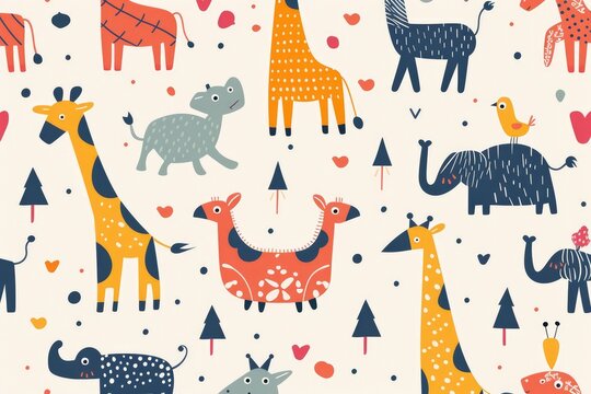 Abstract animal seamless pattern banner, wallpaper for kids, bright colors elephant, giraffe jungle over beige background. Wrapping paper for presents. Baby linen, clothes and products for children