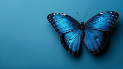 Fototapeta na wymiar a large blue butterfly sitting on top of a blue surface with it's wings spread wide and spread out.