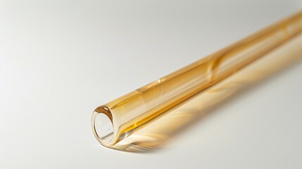 Test tube with yellow liquid on a white background. Close-up.
