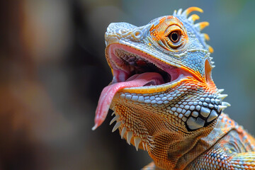 A lizard with a pink tongue sticking out of its mouth. The tongue is long and pink, and the...
