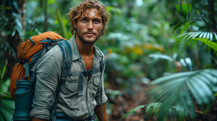 A man wearing a breezy linen shirt and cargo shorts, trekking through a lush tropical jungle on a summer adventure.