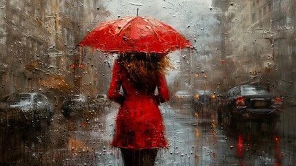This painting depicts a rainy day in oil