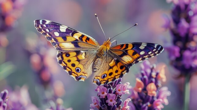  a close up of a butterfly on a plant with purple flowers in the foreground and a blurry background.